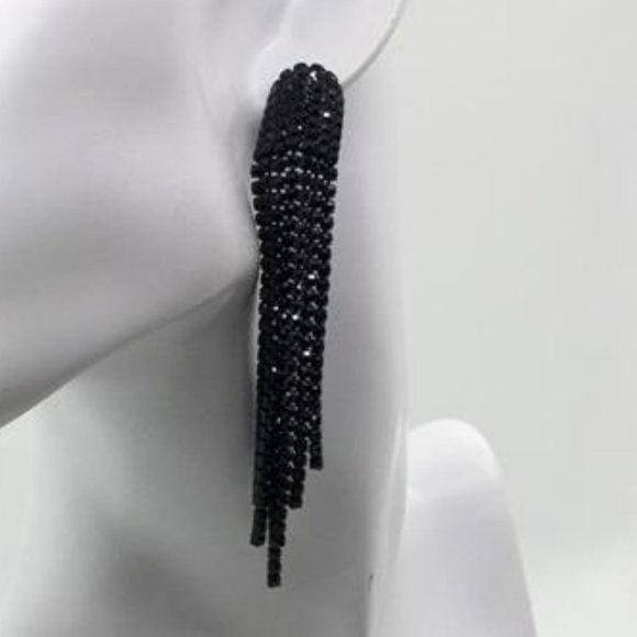 Black Earrings Large Tassel Dangle Earrings Crystal Rhinestone Clip On Earrings - Picture 2 of 2